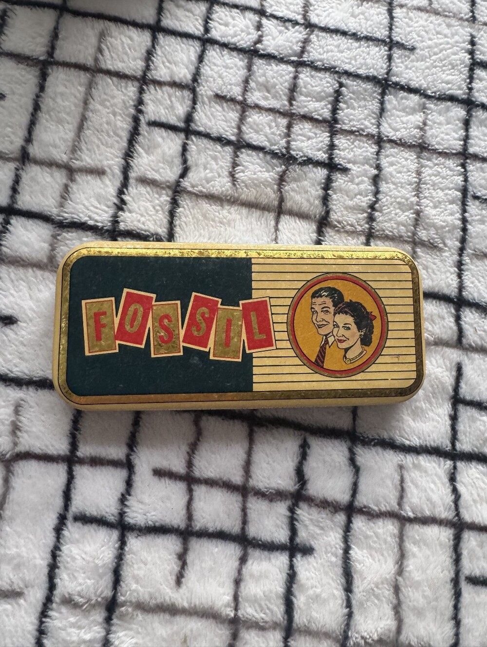 1990 Fossil Gold & Green Retro Logo Tin